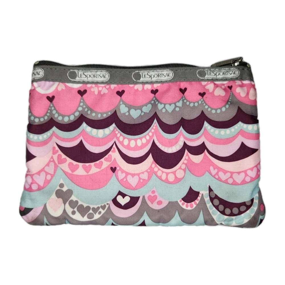 LeSportsac 3 Zipper Wallet Cosmetic Bag Triple Zipper Pink Grey Hearts - Picture 2 of 6